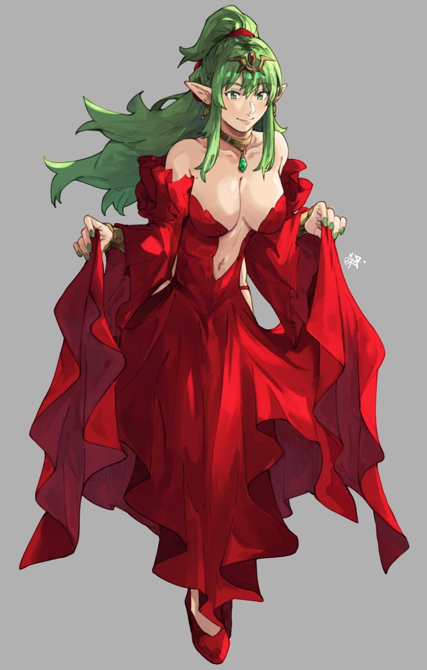 1girls absurdres alternate_costume breasts cleavage clothes_lift dress dress_lift earrings english_commentary evening_gown female female female_only fire_emblem fire_emblem_awakening frilled_dress frills green_eyes green_hair hair_ribbon high_heels highres jewelry large_breasts long_hair navel nintendo ponytail red_dress red_footwear red_ribbon ribbon sakuremi solo tiara tiki_(adult)_(fire_emblem) tiki_(fire_emblem)