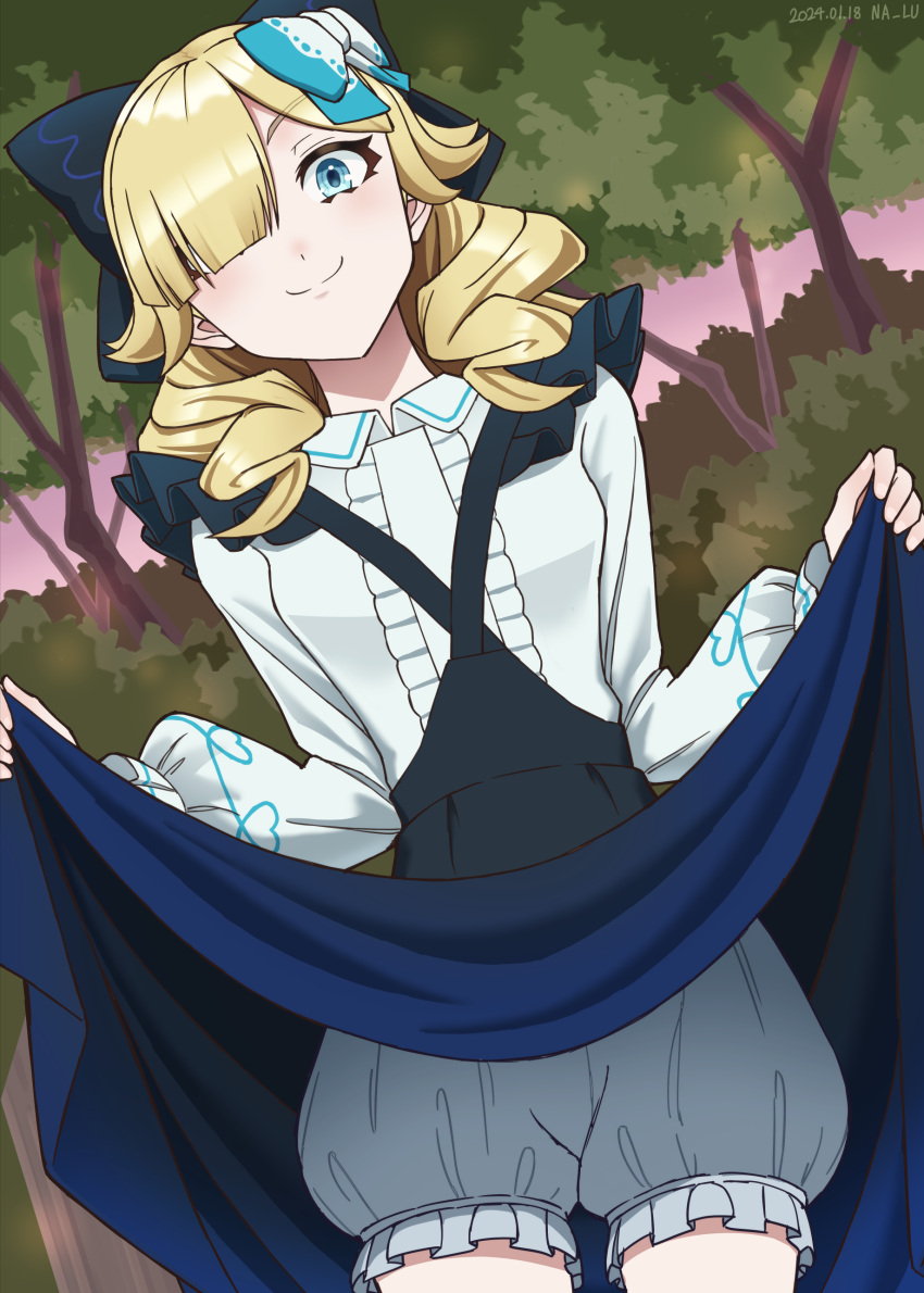 1girls absurdres bangs bare_thighs blonde_hair bloomers blue_bow blue_eyes bow breasts closed_mouth clothes_lift dress dress_lift female female_only fire_emblem fire_emblem_engage forest hair_bow hair_over_one_eye highres lifted_by_self lifting_own_clothes long_sleeves looking_at_viewer madeline_(fire_emblem) medium_hair naaru nalu_(artist) nature nintendo outdoors presenting skirt_lift small_breasts smile solo standing sunset thighs two-tone_bow upskirt white_bow