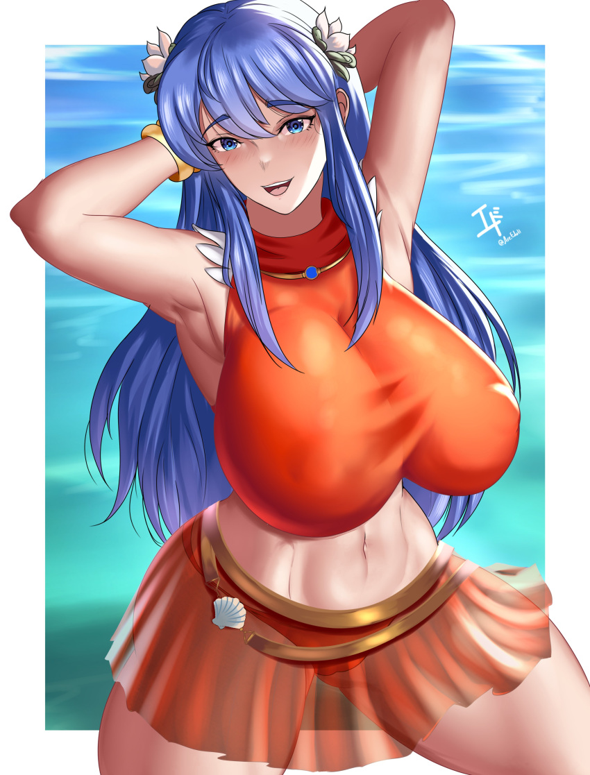 1girls alternate_costume arcedo armpits arms_behind_head bare_midriff bare_thighs bikini bikini_skirt blue_eyes blue_hair breasts caeda_(fire_emblem) caeda_(summer)_(fire_emblem) covered_nipples female female_only fire_emblem fire_emblem:_mystery_of_the_emblem fire_emblem:_shadow_dragon_and_the_blade_of_light fire_emblem_heroes flower hair_flower huge_breasts long_hair midriff nintendo ocean official_alternate_costume open_mouth orange_bikini orange_swimsuit outdoors see-through smile solo swimsuit thick_thighs thighs very_long_hair water