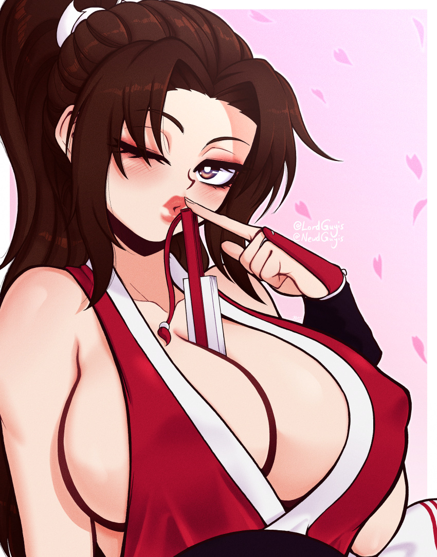 1girls bangs blush breast_focus breasts brown_eyes brown_hair female female_focus female_only huge_breasts king_of_fighters kunoichi large_breasts looking_at_viewer lordguyis mai_shiranui nipple_bulge object_between_breasts one_eye_closed ponytail snk wink