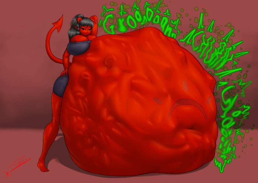 demon digestion digestion_noises dismay_(starstrikex) female female_pred groan hyper_belly immobile massive_belly multiple_prey red_skin remnartx starstrikex vore