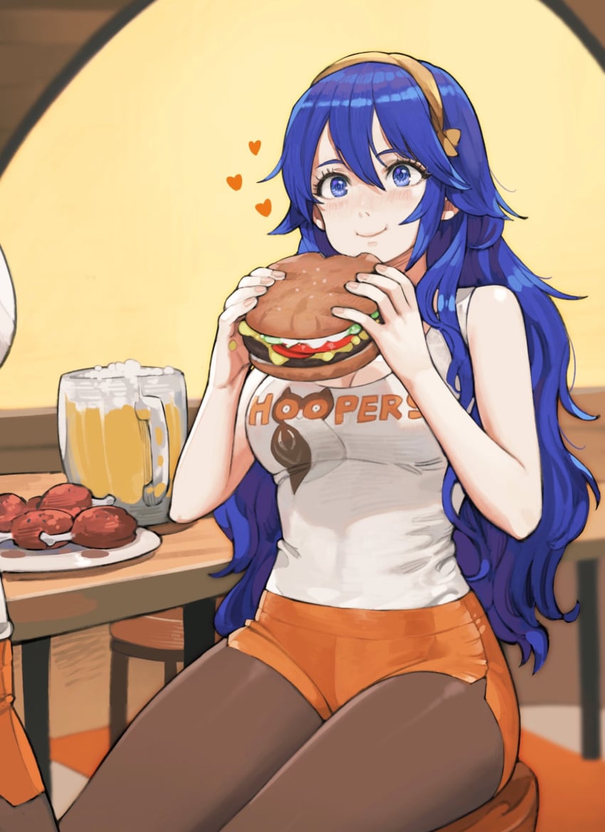 2girls alternate_costume beer_mug blue_eyes blue_hair blush brand_name_imitation breasts brown_legwear burger chicken_(food) cleavage closed_mouth commentary commission cowboy_shot crossover cup eating eyelashes female female_only fire_emblem fire_emblem_awakening food hair_between_eyes hairband heart highres holding holding_food hooters jun_(seojh1029) long_hair lucina_(fire_emblem) medium_breasts mug multiple_girls nintendo orange_shorts pantyhose plate short_shorts shorts sitting skeb_commission sleeveless smile solo_focus stool symbol-shaped_pupils table tank_top taut_clothes thighs wavy_hair white_tank_top