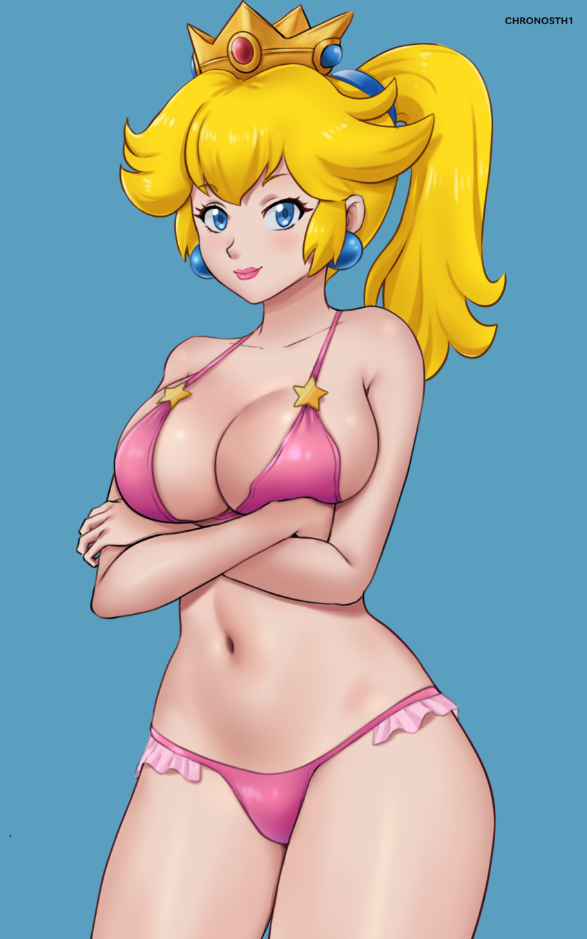 bikini blonde_hair blue_eyes deviantart fanbox_reward female female_only fully_clothed gummslime gumroad mario_(series) patreon princess_peach revealing_clothes skimpy_clothes tagme