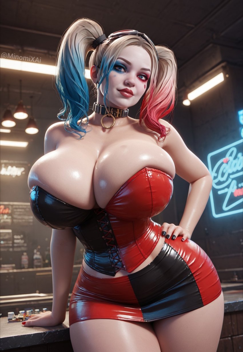 1girls ai_generated bare_shoulders blonde_hair blonde_hair blue_hair breasts busty cleavage clothed clothed_female corset curvy curvy_figure dc dc_comics goggles_on_head hand_on_hip harley_quinn huge_breasts latex lipstick makeup miniskirt minomixai multicolored_hair red_hair seductive shiny shiny_clothes skin_tight skirt solo solo_focus thick_thighs thighs tight_clothing twintails voluptuous voluptuous_female