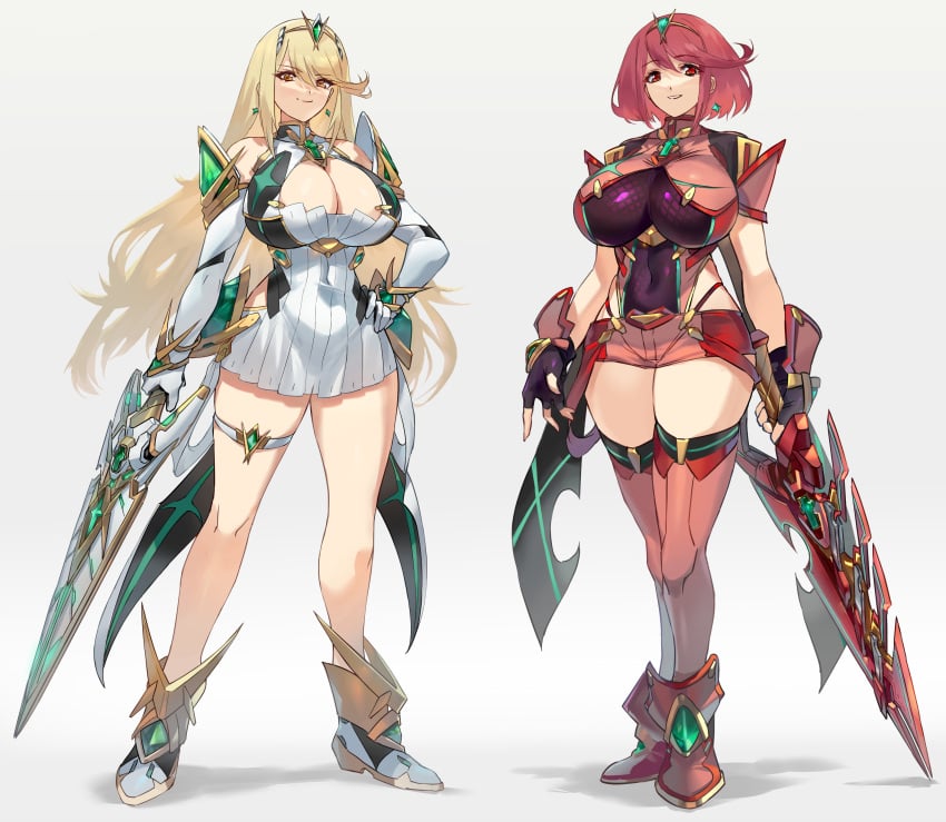 2girls big_breasts blonde_hair breasts cleavage core_crystal huge_breasts impossible_clothes impossible_clothing impossible_shirt large_breasts looking_at_viewer mythra mythra_(xenoblade) negresco pyra pyra_(xenoblade) red_hair thighs tight tight_clothes tight_clothing tight_shirt xenoblade_(series) xenoblade_chronicles_(series) xenoblade_chronicles_2