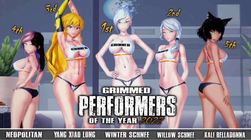 2022 5girls arrancon black_hair black_hair_female blonde_female blonde_hair blue_eyes cat_ears grimmed gym_uniform kali_belladonna milf multiple_girls neo_(rwby) posing purple_eyes robotic_arm rwby underboob white_hair white_hair_female willow_schnee winter_schnee yang_xiao_long