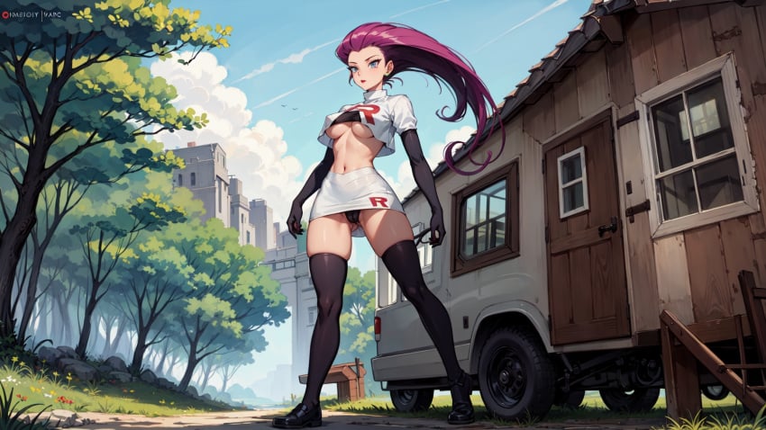 ai_generated black_loafers black_socks blue_eyes buildings cabin cameltoe clouds forest from_below gloves jessie_(pokemon) loafers looking_left marusame mobile_home outdoors pokemon purple_hair shoes socks socks_and_shoes stable_diffusion team_rocket team_rocket_uniform thigh_socks thighhighs underboob underboob_cutout upskirt wallpaper wallpaper_for_the_brave