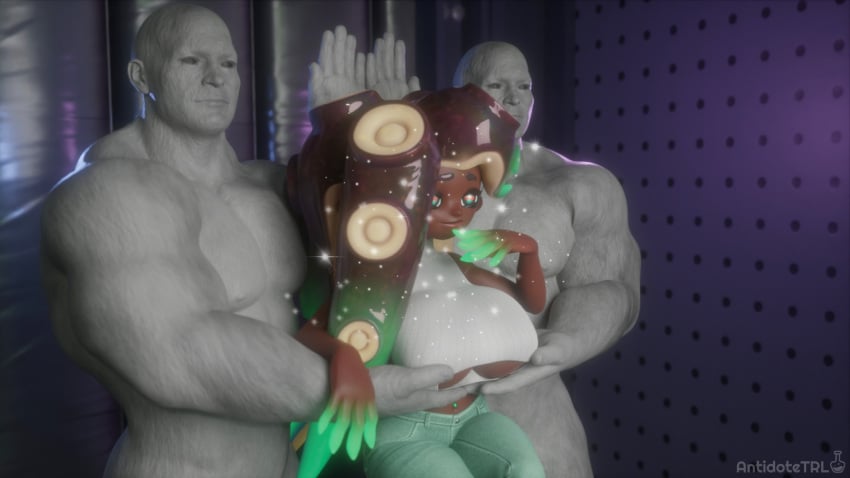 3d 3d_(artwork) antidotetrl clothed clothed_female holding_breast huge_breasts marina_(splatoon) marina_(wo262) meme octoling octoling_girl servants_holding_aphrodite's_breasts_(meme) smiling splatoon splatoon_2 statue