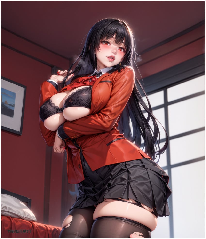 1girls ai_assisted ai_generated bewitching_thighs big_breasts black_hair bra cleavage female high-angle_view high_resolution highres jabami_yumeko kakegurui large_breasts long_hair pervert pervert_female posing red_eyes school_uniform seductive seductive_look thighhighs thighs torn_clothes underwear uniform yametastudio