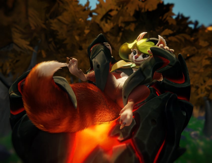 3d 3d_(artwork) 4_fingers ano_delta anthro ass cape claws clothing digital_media_(artwork) dota dota_2 female fingers fur genitals hi_res hood hoodwink_(dota) lying mammal on_back on_hand outside plant pussy red_body red_fur rodent sciurid size_difference solo tail_tuft tree tree_squirrel tuft video_games white_body wood