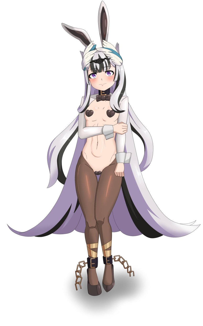 1girls alternate_costume arm_grab arm_under_breasts bangs black_hair blush breasts bunny_ears bunny_girl bunnysuit covered_nipples female female_only fire_emblem fire_emblem_engage grey_hair long_hair maebari multicolored_hair nintendo partially_visible_vulva pasties purple_eyes revealing_clothes reverse_bunnysuit shinsaku_2019 small_breasts smile solo very_long_hair veyle_(fire_emblem) white_background