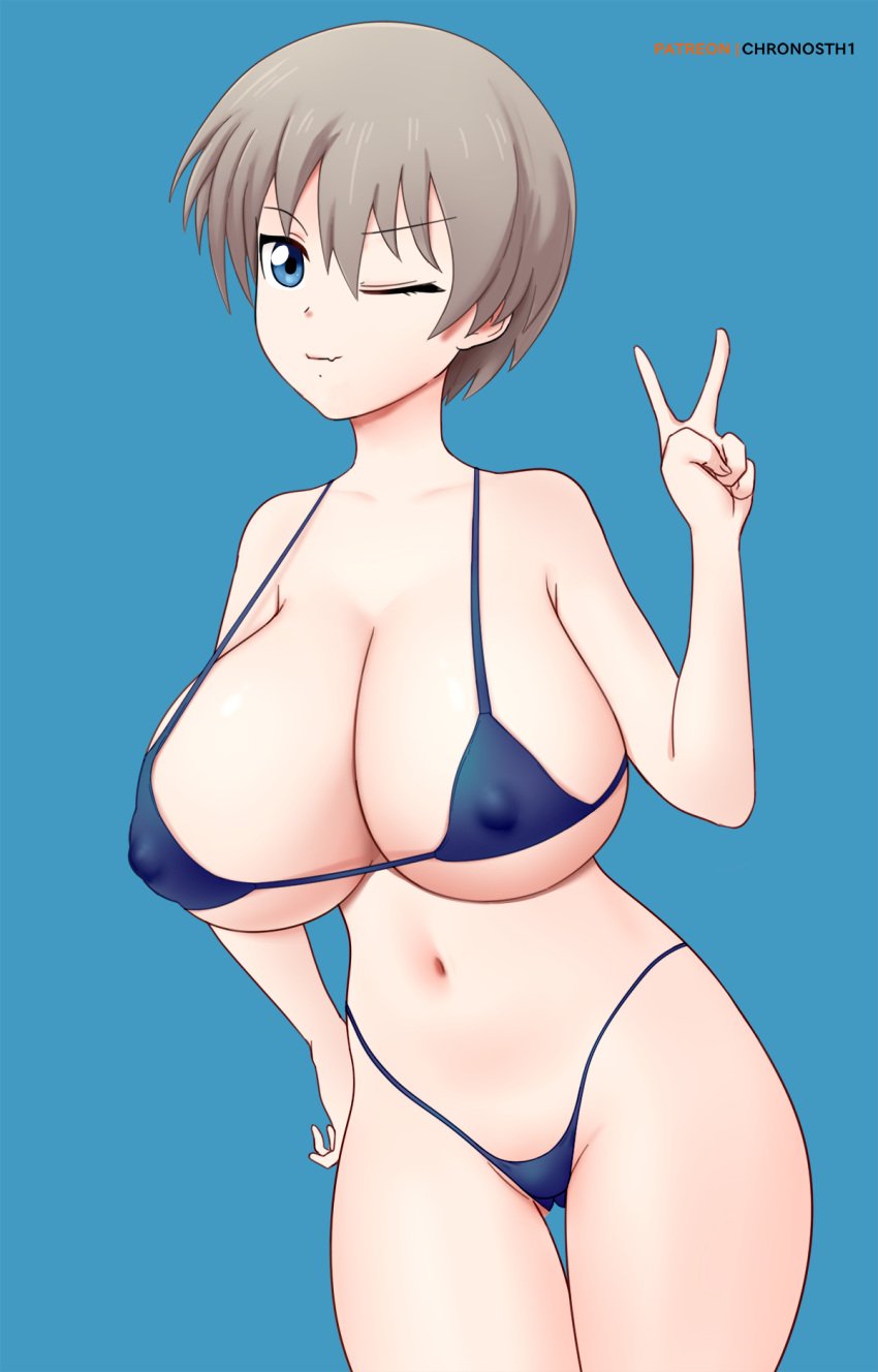 1girls big_breasts big_chest bikini blue_background blue_eyes breasts collarbone cowboy_shot deviantart eyeshadow fanbox_reward female grey_hair gummslime gumroad highres huge_breasts large_breasts looking_at_viewer micro_bikini one_eye_closed pale-skinned_female pale_skin patreon peace_sign simple_background standing swimsuit swimwear swimwear_only uzaki-chan_wa_asobitai! uzaki_hana v_sign wink winking_at_viewer