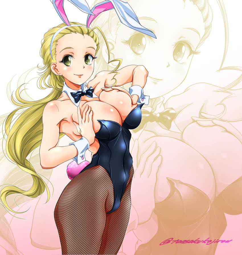 big_breasts blonde_hair blush bunny_ears bunny_girl bunny_suit bunny_tail bunnysuit cleavage female female_only girls_und_panzer grabbing_breasts long_hair looking_at_viewer sasaki_akebi smiling_at_viewer