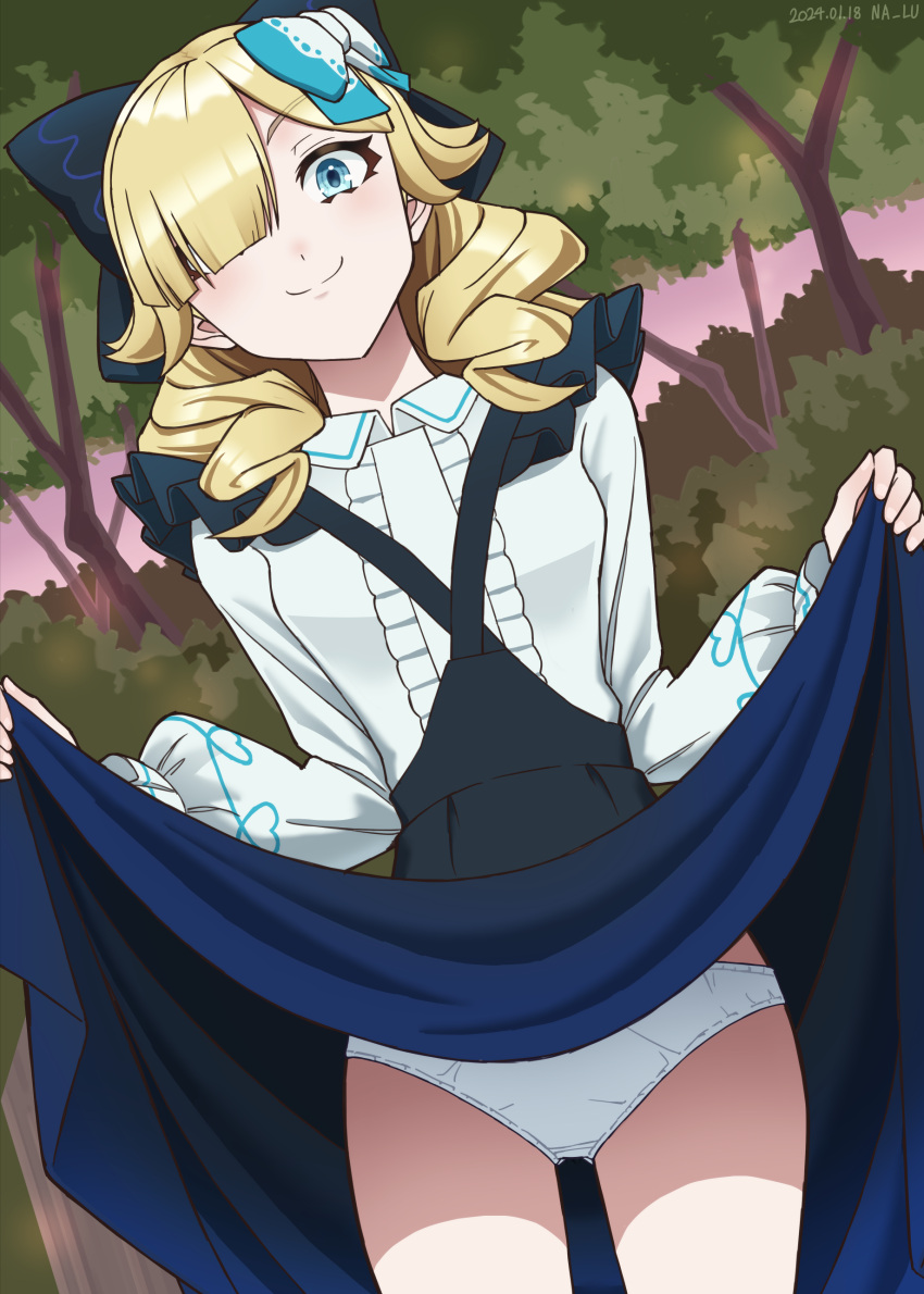 1girls absurdres bangs bare_thighs blonde_hair blue_bow blue_eyes bow breasts closed_mouth clothes_lift dress dress_lift female female_only fire_emblem fire_emblem_engage forest hair_bow hair_over_one_eye highres lifted_by_self lifting_own_clothes long_sleeves looking_at_viewer madeline_(fire_emblem) medium_hair naaru nalu_(artist) nature nintendo outdoors panties presenting skirt_lift small_breasts smile solo standing sunset thighs two-tone_bow underwear upskirt white_bow white_panties