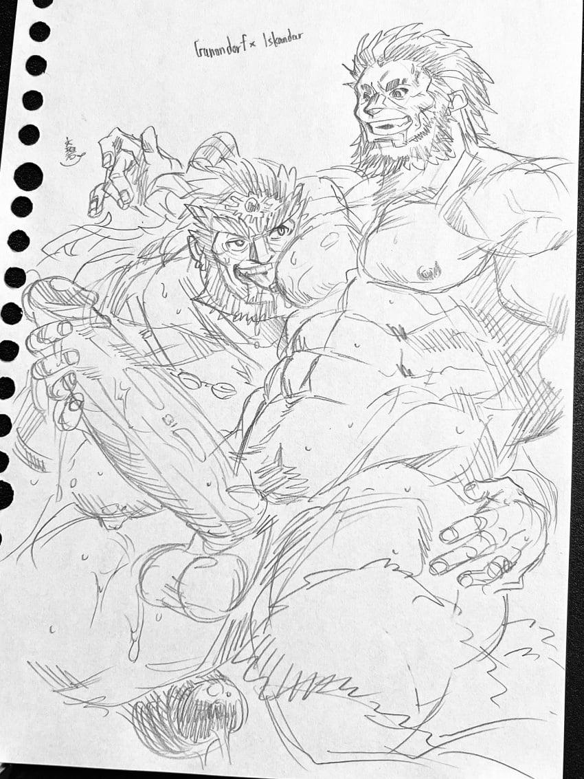 2boys bara beard big_penis boner crossover cum erect_penis erection facial_hair fate_(series) fumimimimidory ganondorf gay grabbing_penis handjob iskandar_(fate) licking_nipples male_focus male_only monochrome muscular muscular_male nude penis sketch the_legend_of_zelda yaoi