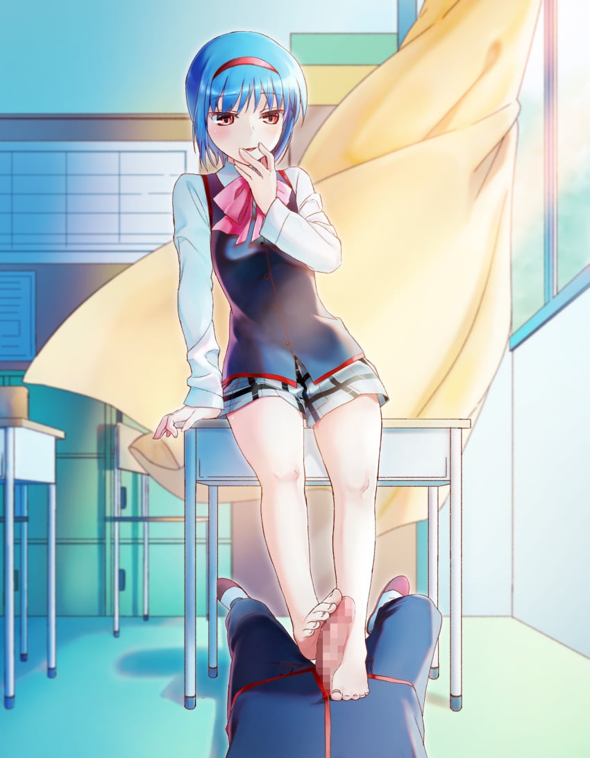 1boy absurdres arm_at_side arm_support bare_legs barefoot black_vest blue_hair blush bow censored classroom commentary commission curtains desk erection feet female finger_to_mouth footjob full_body grey_skirt hair_between_eyes hairband hand_up highres legs little_busters! little_busters!_school_uniform long_sleeves looking_at_penis looking_down lying miniskirt mosaic_censoring natsuoto_rito nishizono_midori on_back open_mouth penis pink_bow plaid plaid_skirt red_eyes red_hairband school_desk school_uniform shirt short_hair skeb_commission skirt smile solo_focus standing summer_uniform thighs toenails toes two-footed_footjob vest white_shirt wind