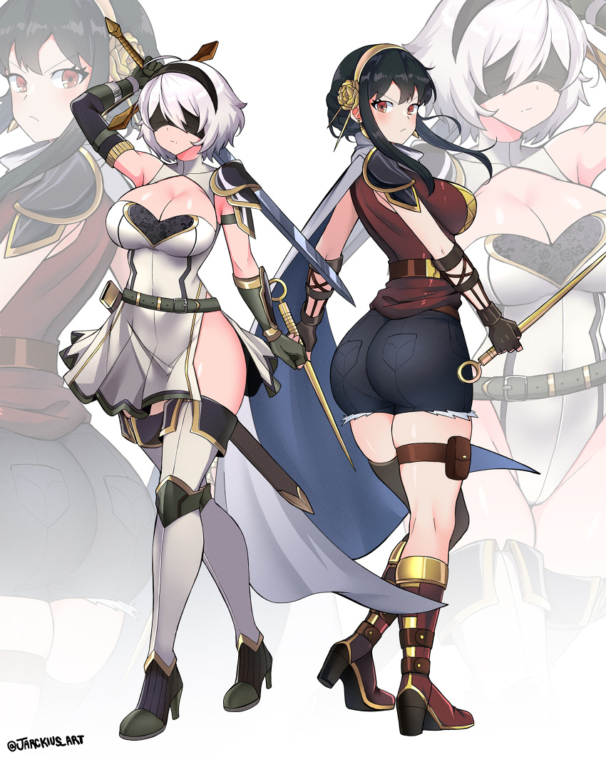 1girls 2girls alternate_costume ass assassin black_hair black_shorts blindfold boots braided_hair breasts cleavage crossover dagger denim denim_shorts dress female female_human female_only from_behind full_body hairband high_heels highres holding holding_sword holding_weapon human jarckius knife large_breasts looking_back mature_female multiple_girls nier:_automata nier_(series) red_eyes short_hair short_shorts shorts side_slit single_thighhigh skindentation spy_x_family stiletto_(weapon) sword thigh_boots thigh_pouch thigh_strap thighhighs thorn_princess twitter_username weapon white_dress white_hair yor_briar yor_forger yorha_2b zoom_layer