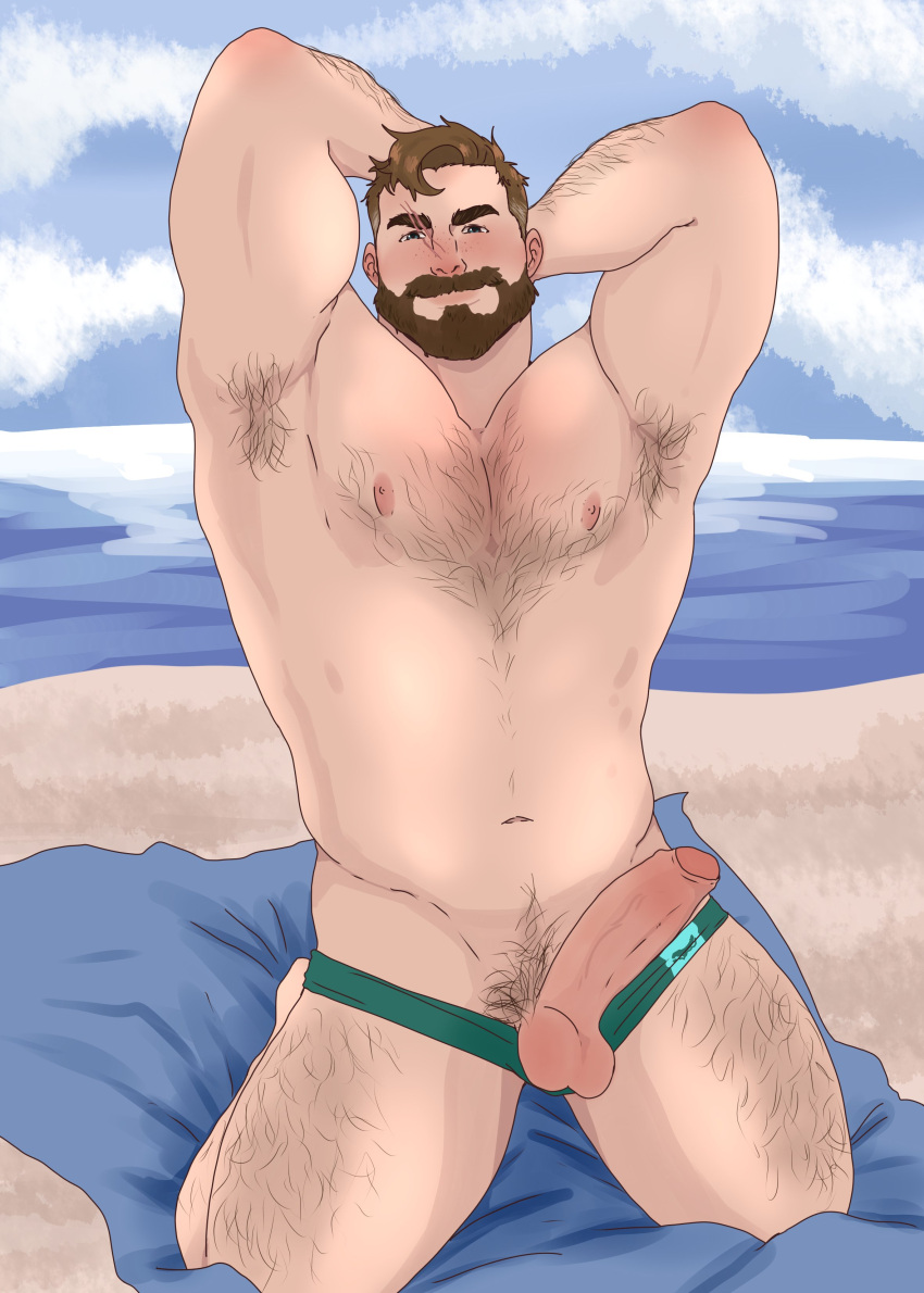 1boy absurdres arm_hair armpit_hair arms_behind_head bara beach beard body_hair brown_hair chest_hair coral_island erection facial_hair full_beard hairy highres kneeling large_pectorals leg_hair looking_at_viewer male male_focus male_only male_swimwear_aside mark_(coral_island) muscular muscular_male navel nipples pectorals penis short_hair smile solo solo_male sparse_chest_hair stomach testicles thick_beard thick_leg_hair thick_thighs thighs topless_male uncensored wickedsturdy