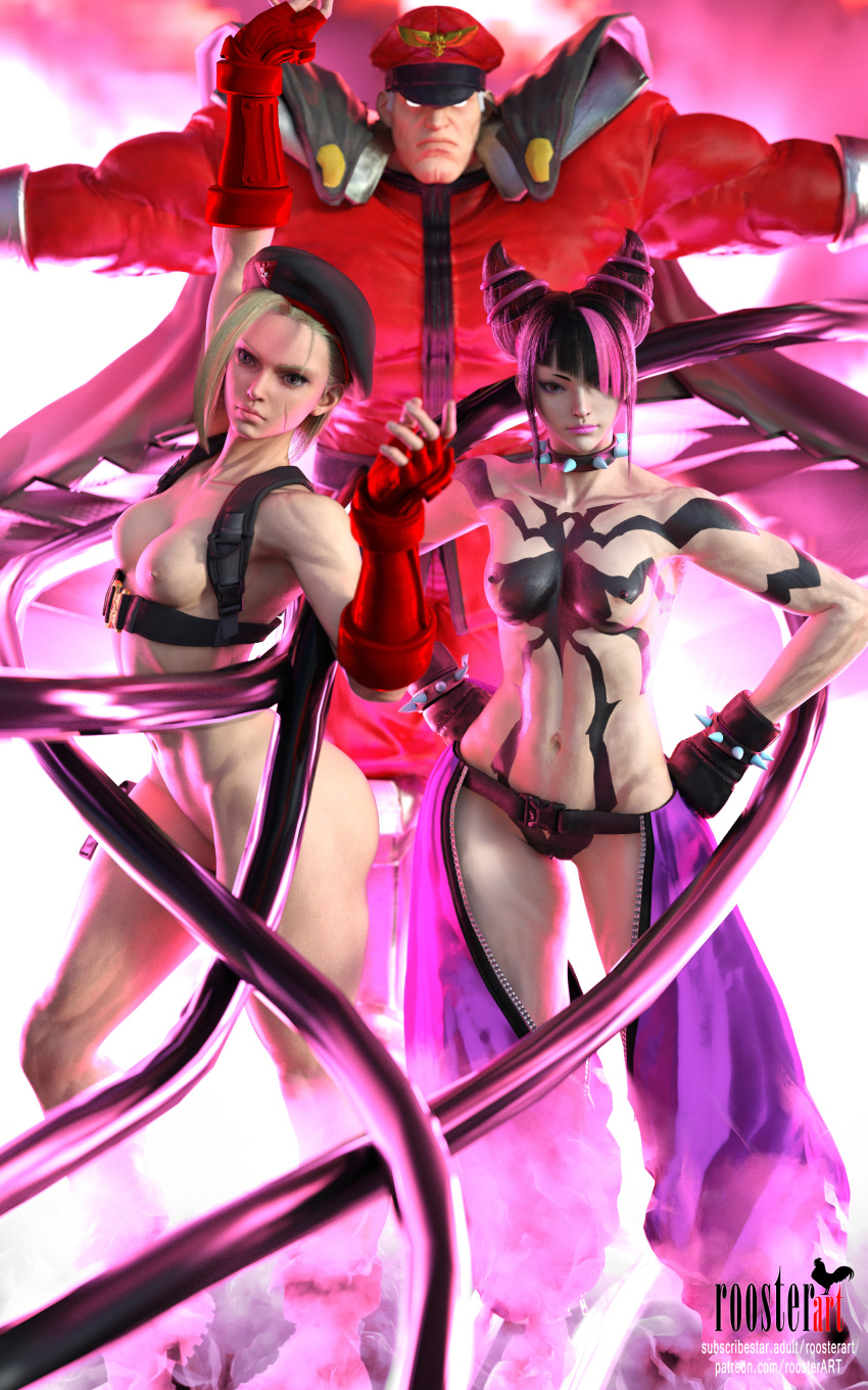 10:16 2girls1boy 3d 3d_(artwork) arm_up arms_spread ass belly belly_button beret blonde_hair blonde_hair bodypaint breasts cammy_white cape dark_hair fit_female gloves glowing_eyes harness juri_han m_bison medium_breasts medium_hair muscle muscle_girl muscles nipples pants partially_clothed patreon patreon_username pink_background pussy red_gloves roosterart shoulders small_breasts spiked_collar standing street_fighter street_fighter_6 subscribestar subscribestar_username vagina video_game video_game_character video_game_franchise white_eyes