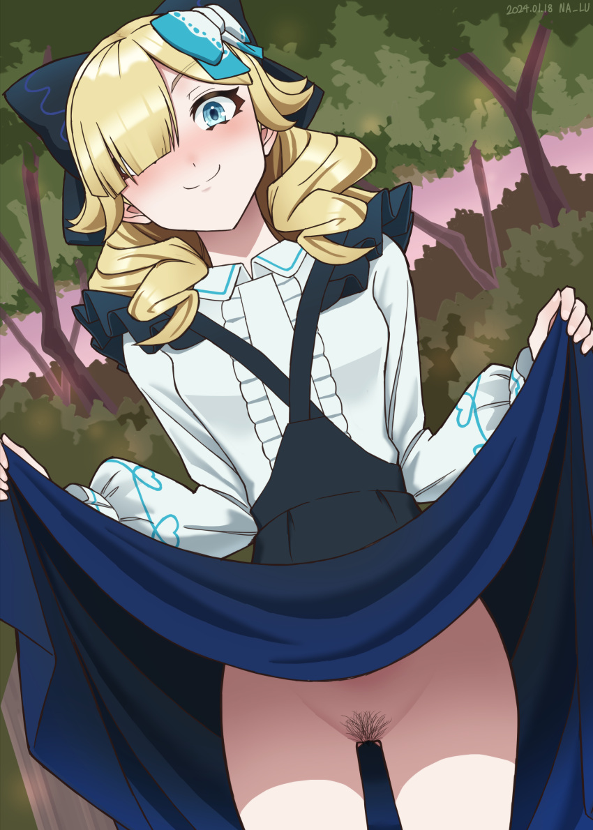 1girls absurdres ass_visible_through_thighs bangs bare_thighs blonde_hair blue_bow blue_eyes blush bow breasts closed_mouth clothes_lift dress dress_lift embarrassed female female_only female_pubic_hair fire_emblem fire_emblem_engage forest hair_bow hair_over_one_eye highres lifted_by_self lifting_own_clothes long_sleeves looking_at_viewer madeline_(fire_emblem) medium_hair naaru nalu_(artist) nature nintendo no_panties outdoors presenting pubic_hair pussy skirt_lift small_breasts smile solo standing sunset thighs two-tone_bow upskirt white_bow