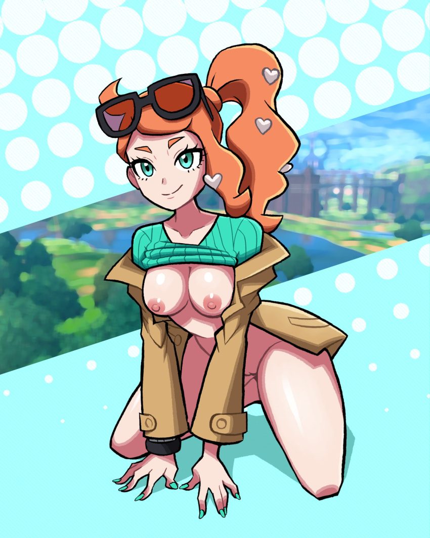 2021 accurate_art_style astrozolt_(artist) bottomless bottomless_female breasts casual_nudity female female_focus female_only functionally_nude functionally_nude_female glasses glasses_on_head green_eyes heart jacket nintendo nipples on_knees orange_hair painted_fingernails painted_nails pokemon pokemon_ss pussy red_hair shirt shirt_lift sonia_(pokemon) thick_thighs thighs