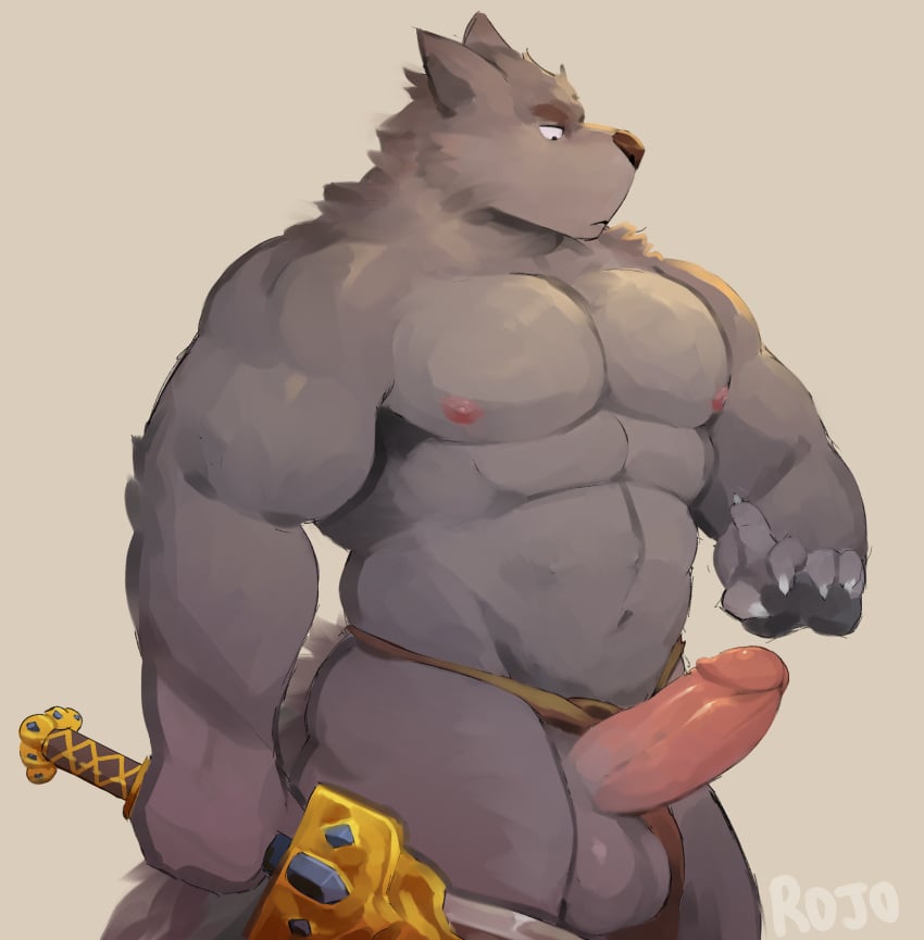 1boy abs absurd_res anthro balls bara blaidd_(elden_ring) bottomwear canid canine canis clothing erection fur furry gay genitals grey_body grey_fur hi_res humanoid_genitalia humanoid_penis loincloth looking_down male male_focus male_only male_solo mammal melee_weapon muscular nipples nude pecs penis rojoslushy simple_background solo solo_male sword weapon wolf