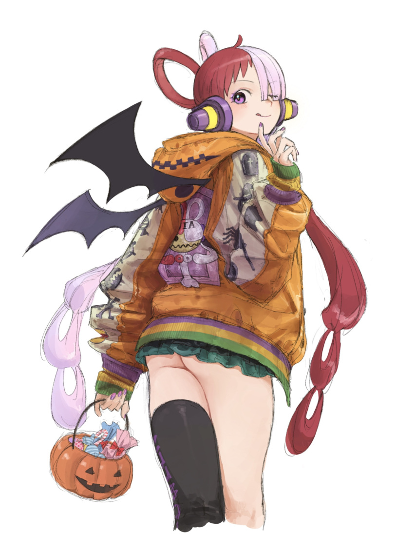 1girls alternate_costume ass bat_wings female female_only from_behind halloween headphones hoodie jacket looking_back miniskirt one_eye_closed one_piece painted_nails pink_hair pumpkin purple_eyes red_hair skirt solo thighhighs thighs urasanmyaku uta_(one_piece) wings