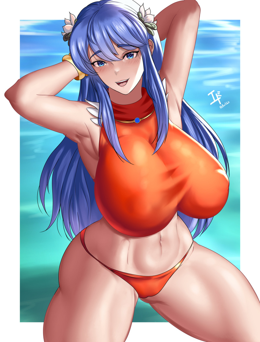 1girls alternate_costume arcedo armpits arms_behind_head bare_midriff bare_thighs bikini blue_eyes blue_hair breasts caeda_(fire_emblem) caeda_(summer)_(fire_emblem) covered_nipples female female_only fire_emblem fire_emblem:_mystery_of_the_emblem fire_emblem:_shadow_dragon_and_the_blade_of_light fire_emblem_heroes flower hair_flower huge_breasts long_hair midriff nintendo ocean official_alternate_costume open_mouth orange_bikini orange_swimsuit outdoors smile solo swimsuit thick_thighs thighs very_long_hair water