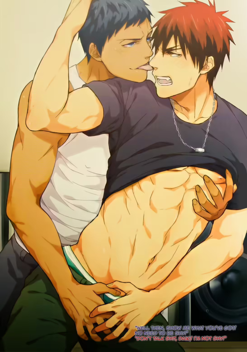 2boys abs angry aomine_daiki blue_hair crotch_grab daiki_aomine dialogue english_text gay grabbing grabbing_from_behind head_grab kagami_taiga kuroko's_basketball kuroko_no_basuke licking licking_face lifted_shirt male male/male male_only muscular muscular_male necklace pants red_hair shirt shirt_lift shirt_removed shirt_up tagme taiga_kagami toned toned_male tongue tongue_out underwear yaoi zawar379