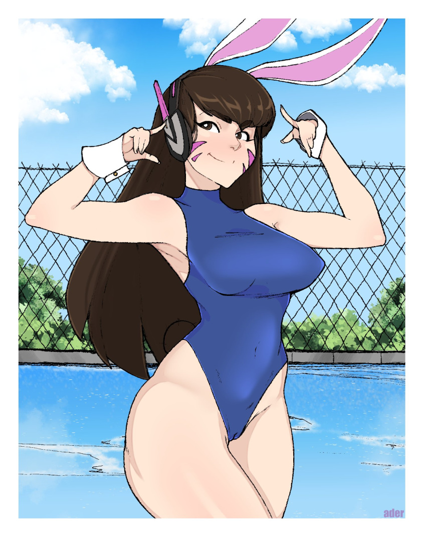 2023 ader441 armpits blizzard_entertainment breasts brown_eyes brown_hair bunny_ears cameltoe d.va face_markings female female_focus female_only headset long_hair looking_away one_piece_swimsuit overwatch overwatch_2 pool thick_thighs thighs white_border