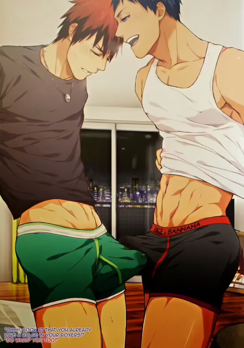 2boys abs aomine_daiki blue_hair boxers bulge bulge_frottage bulge_through_clothing daiki_aomine dialogue english_text erection erection_under_clothes frottage frottage_through_clothing gay kagami_taiga kuroko's_basketball kuroko_no_basuke male male/male male_only muscular muscular_male necklace red_hair shirt tagme taiga_kagami toned toned_male underwear wet wet_clothes yaoi zawar379