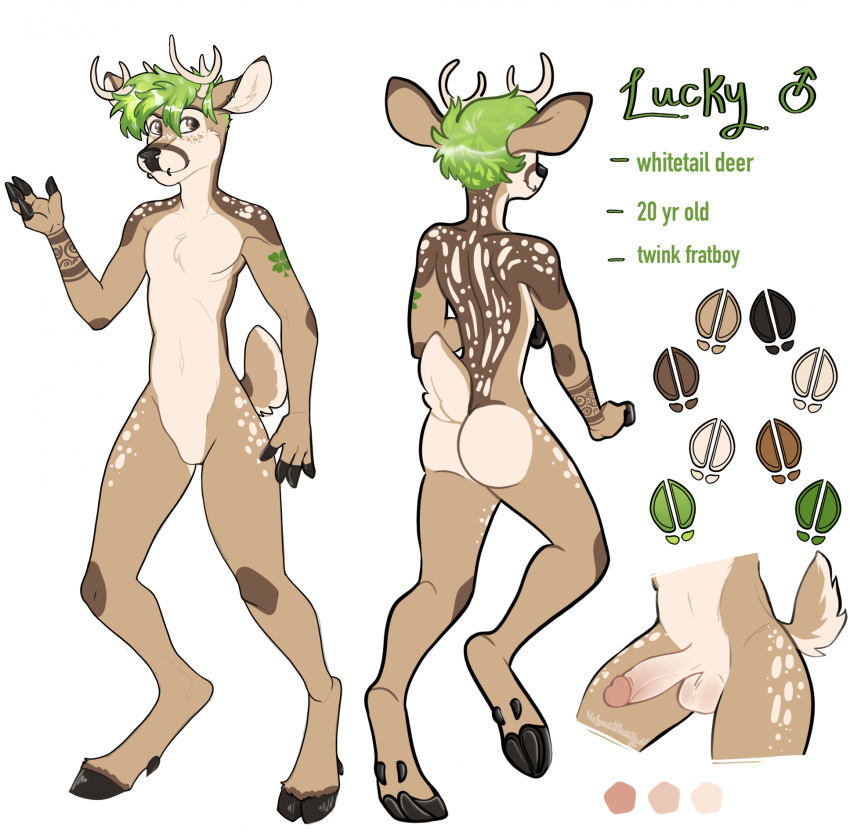 4_fingers anthro antlers arm_markings ass balls black_hooves brown_body brown_eyes brown_fur brown_markings bucklucky chest_tuft deer ear_piercing ear_ring erection facial_piercing featureless_crotch fingers front_view fur genitals green_hair hair hi_res hooves horn humanoid_genitalia humanoid_penis lip_piercing lucky_(bucklucky) male male_only mammal markings model_sheet mouth_closed multiple_piercings navel nude penis piercing rear_view ring_piercing short_hair signature snakebite_piercing solo spotted_legs spotted_shoulders standing tan_antlers tan_balls tan_body tan_fur tan_penis tan_spots tuft