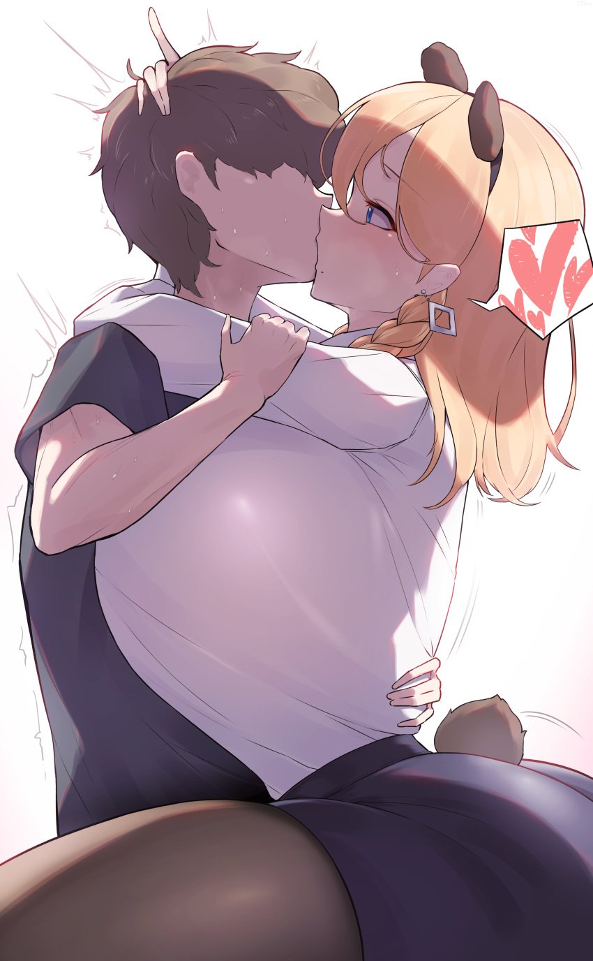 1boy 1girls animal_ears bear_ears bear_girl bear_tail blue_eye blush breasts cccco clothed clothing cute earring french_kiss frigga_(last_origin) fully_clothed gigantic_breasts hug kissing last_origin light-skinned_female light-skinned_male light_skin milf pantyhose shirt side_view spoken_heart tail wholesome