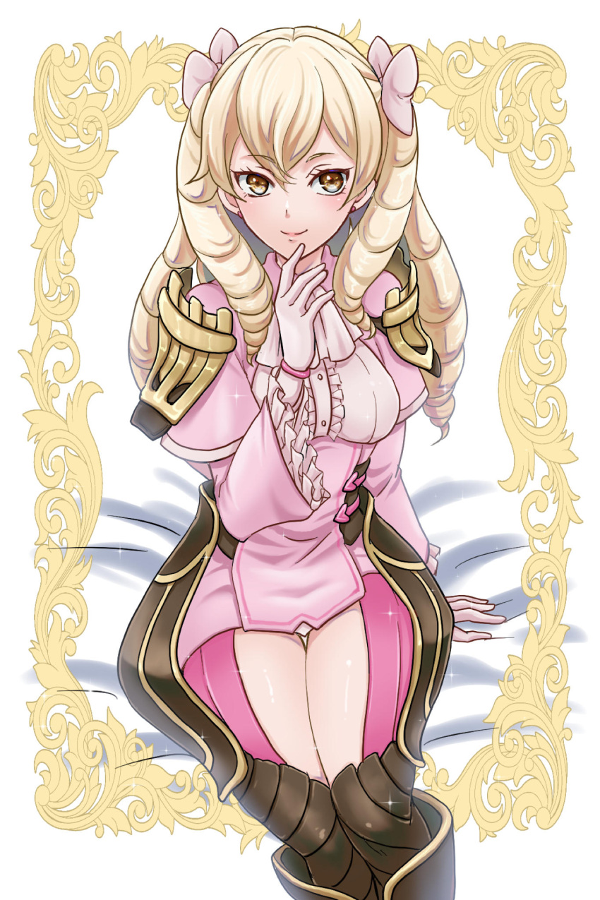 1girls armor bare_thighs blonde_hair bow brown_eyes closed_mouth dress drill_hair earrings female female_only fire_emblem fire_emblem_awakening frills gloves hair_between_eyes hair_bow highres hip_armor inner_thighs jewelry long_hair long_sleeves looking_at_viewer maribelle_(fire_emblem) nintendo pink_bow pink_dress shoulder_armor smile solo thighs umehime