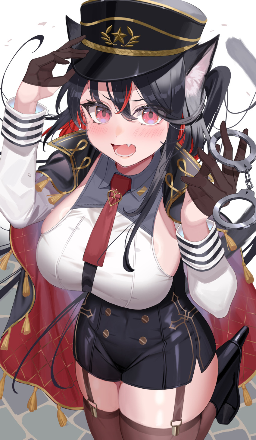 1girls 2024 2d 2d_(artwork) amahara4 big_breasts big_thighs black_hair black_socks blush breasts cape catgirl cute_fang eyelashes female female_focus female_only gloves handcuffs hat heels hi_res high_heels highres large_breasts large_thighs light-skinned_female light_skin oerba_yun_fang original original_character pink_eyes police policewoman simple_background skirt socks socks_and_heels solo solo_female solo_focus thick_thighs thigh_socks thighhighs tight_clothing tongue white_background