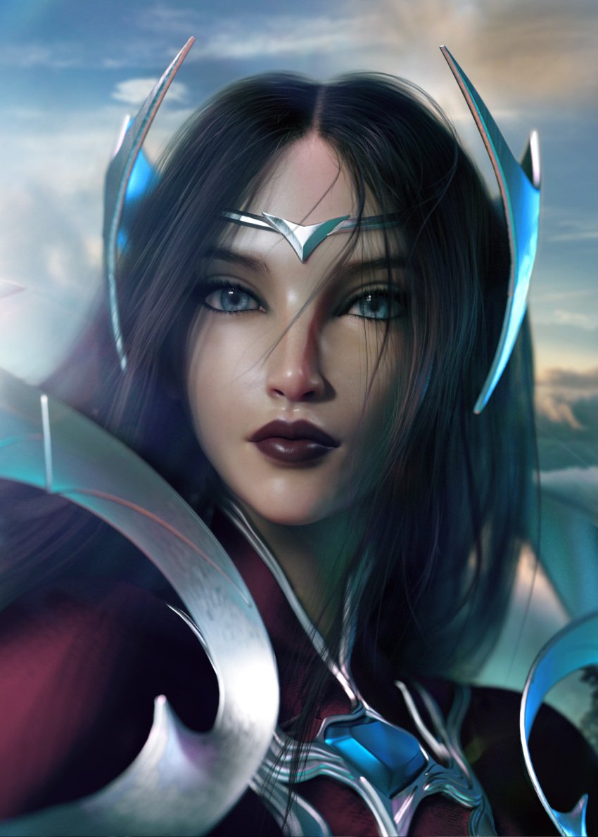 1girls 3d 5:7 black_hair blue_eyes clouds dark_lipstick female female_only headband headwear irelia_xan league_of_legends light-skinned_female long_hair looking_at_viewer portrait riot_games sevenbees solo source_request