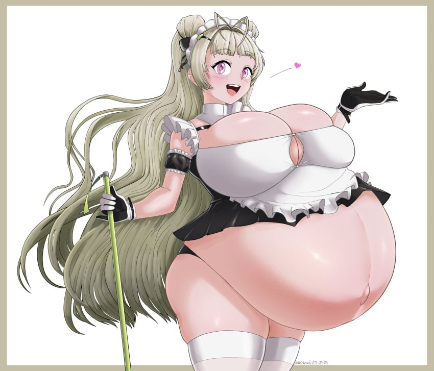 belly_out breasts_out dated gigantic_belly gigantic_breasts goddess_of_victory:_nikke heart holding_object hyper_pregnancy marrazan mop nipples pregnant signature smile soda_(nikke) upper_teeth_only