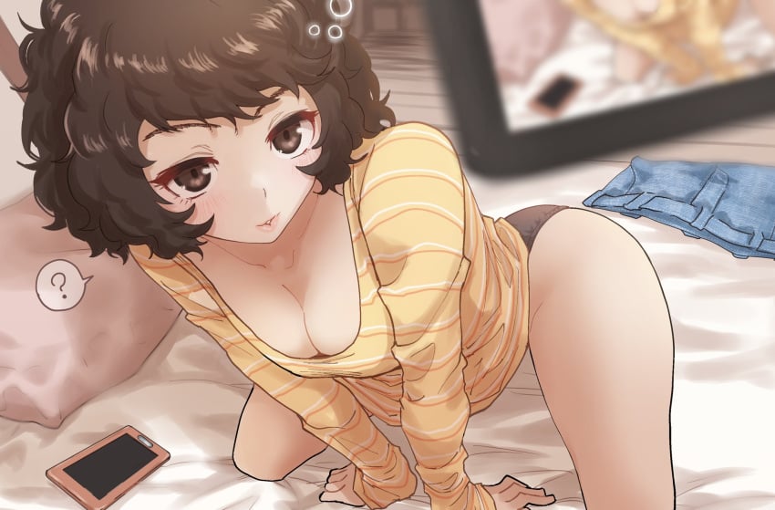 1girls atlus cleavage clothed curly_hair female female_only jean_skirt kurosususu legs panties persona persona_5 persona_5_royal phone phone_screen recording sadayo_kawakami shin_megami_tensei short_hair solo thought_bubble