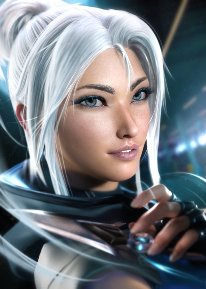 1girls 3d 5:7 blue_eyes female female_only fingerless_gloves gloves jett_(valorant) korean_female light-skinned_female sevenbees solo source_request valorant white_hair