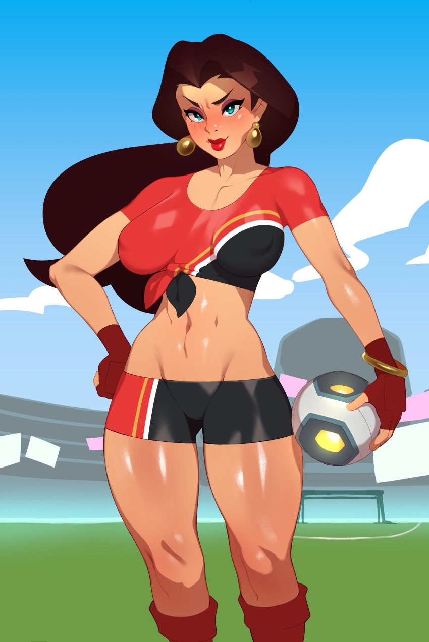 1girls absurd_res blue_eyes blush brown_hair combos-n-doodles earrings female female_only fingerless_gloves football_(ball) football_uniform fully_clothed long_hair looking_at_viewer mario_(series) mario_strikers nintendo pauline pauline_(mario) red_lipstick revealing_clothes solo tagme tight_clothing