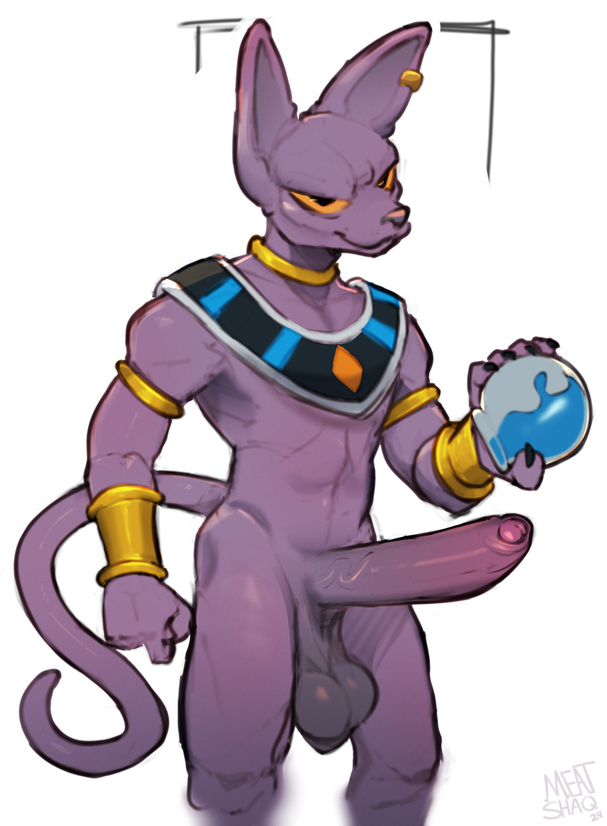 anthro anthro_only balls beerus biped boner domestic_cat dragon_ball dragon_ball_super erection felid feline felis genitals hi_res humanoid_genitalia humanoid_penis male male_only mammal meatshaq penis purple_body simple_background solo white_background