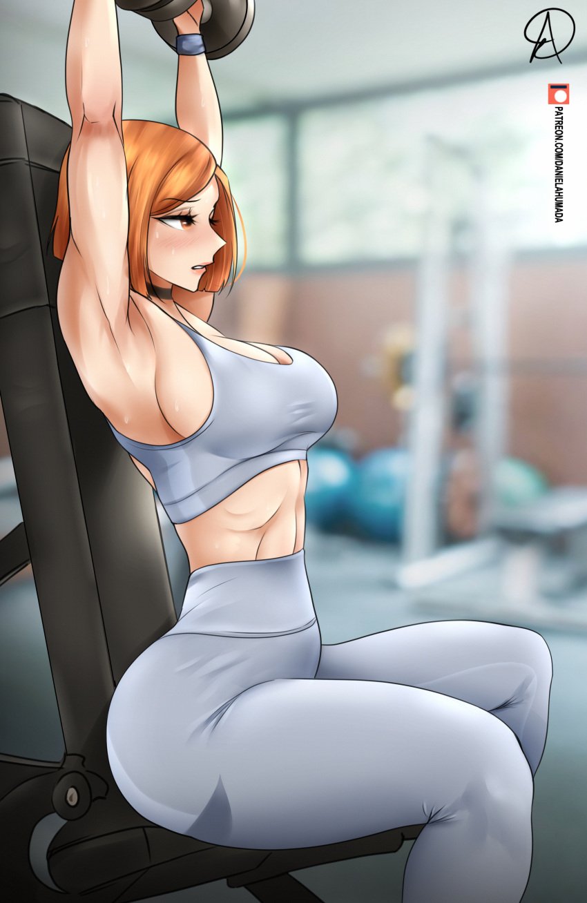 1girls almualim alternate_breast_size armpits arms_up big_ass cleavage daniel_ahumada dat_ass dumbbell exercise female_only gym jujutsu_kaisen kugisaki_nobara large_breasts leggings lifting_weights orange_hair short_hair sitting solo solo_female sports_bra sportswear sweating toned_body toned_female weightlifting