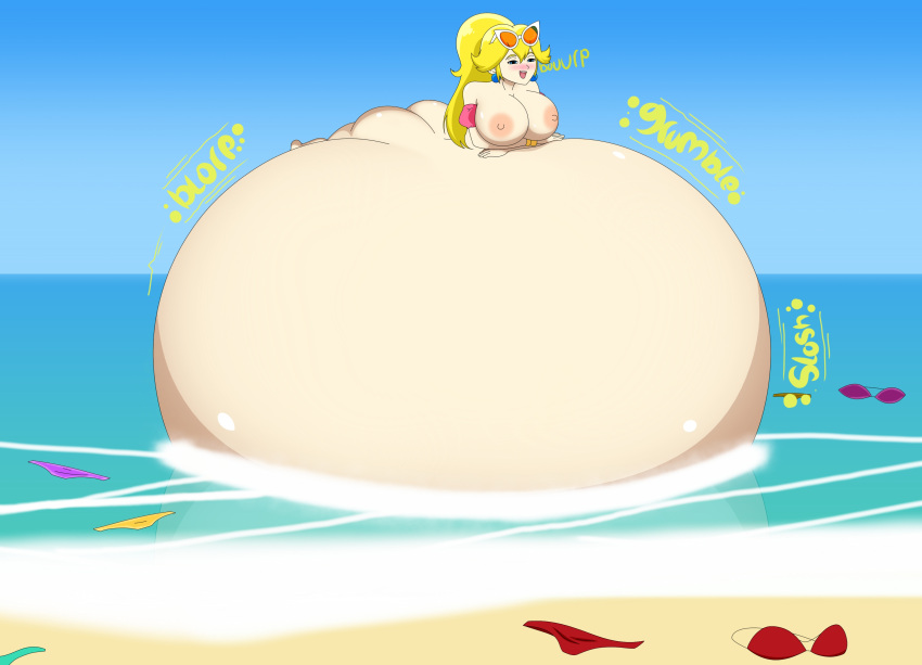 1girls beach belly_bigger_than_body burping damnitshuge digestion huge_ass huge_breasts hyper hyper_belly immobile long_hair lying_on_self mario_(series) mass_vore massive_belly meat_wall_(body_type) princess_peach soft_vore solo_female tagme too_big_to_move vore vore_belly wide_hips