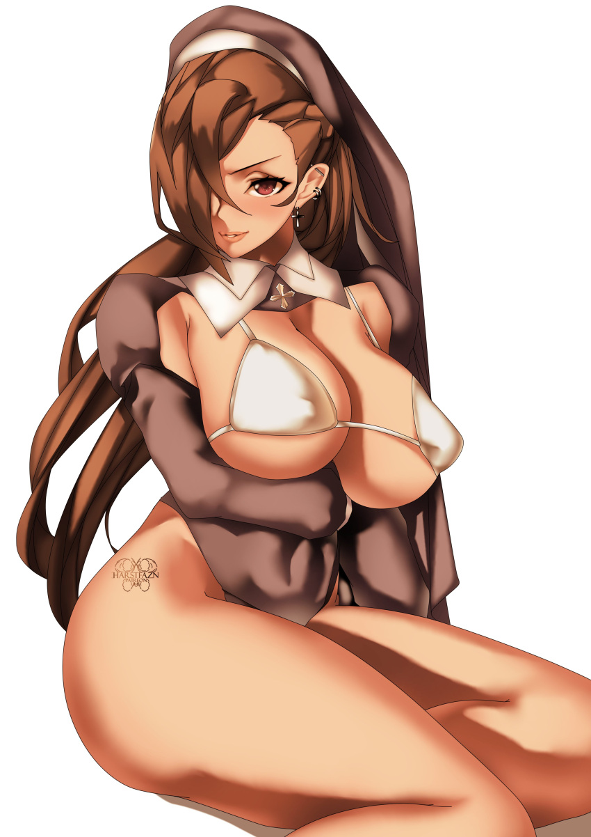 1girls bare_legs bare_thighs brown_eyes brown_hair earrings female female_only fire_emblem fire_emblem_fates hair_over_one_eye harstfazn kagero_(fire_emblem) large_breasts leotard long_hair nintendo nun revealing_clothes sideboob smile solo tattoo thick_thighs thighs underboob white_background