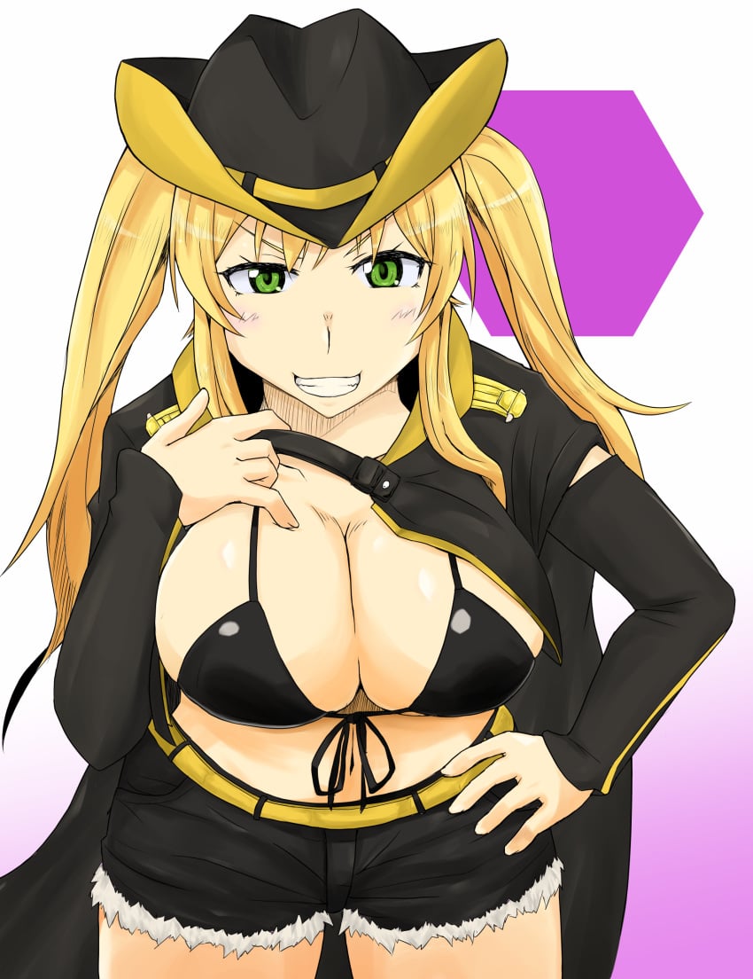 azur_lane bangs bikini bikini_top_only black_bikini black_cape black_headwear black_shorts black_sleeves blonde_hair breasts cape cleavage collarbone cowboy_hat cowboy_shot cutoffs detached_sleeves eyebrows_behind_hair female front-tie_top gradient gradient_background green_eyes grin hand_on_hip hand_on_own_chest hat hexagon highres hornet_(azur_lane) large_breasts leaning_forward long_hair looking_at_viewer midriff navel pink_background shigeru_(shigel_marv) short_shorts shorts sidelocks smile solo standing swimsuit twintails white_background yellow_belt