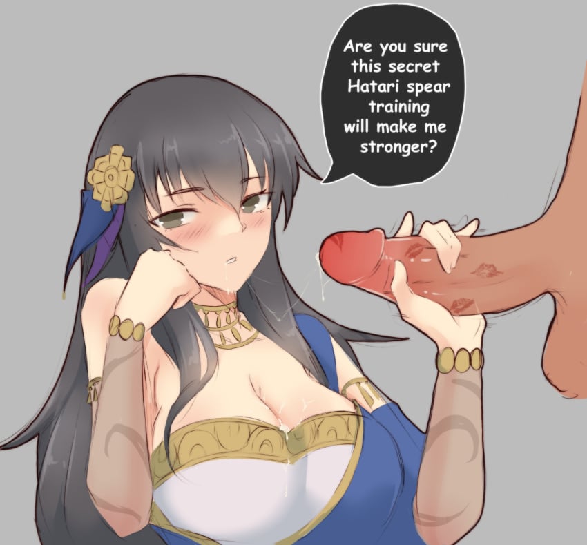 1boy 1girls alternate_costume black_hair breasts cleavage cum cum_on_breasts cum_on_clothes cum_on_face cum_string dark-skinned_male dark_skin english_text fellatio female female_focus fire_emblem fire_emblem:_the_blazing_blade fire_emblem_heroes interracial karla_(fire_emblem) karla_(hatari)_(fire_emblem) kiss_mark large_breasts light-skinned_female light_skin lipstick_mark lipstick_on_penis long_hair looking_at_viewer male nintendo official_alternate_costume oral penis_grab ryumi-gin saliva_string solo_focus text