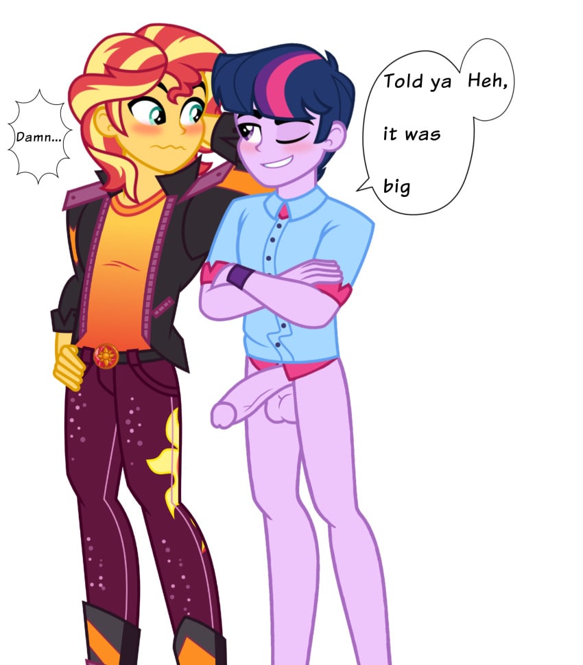 blush dusk_shine_(mlp) gay penis penis_out png semi-erect showing_off sundown_glare_(mlp) text text_bubble transparent_background veiny_penis winking winking_at_partner yaoi