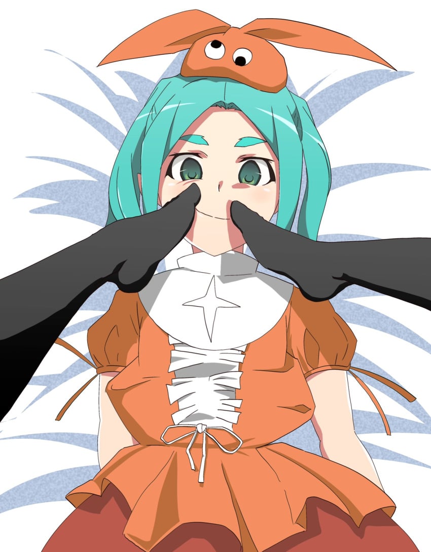 2girls bedsheets black_socks blank_stare blue_hair bow cyan_eyes cyan_hair dress feet feet_on_face feet_up foot_fetish foot_focus foot_worship footwear forced_smile googly_eyes green_eyes hat laying_down laying_on_back laying_on_bed monogatari_(series) ononoki_yotsugi pov pov_eye_contact pov_feet sitting_on_person smile stepped_on stepping_on_face stepping_on_female stepping_on_head stockings thighhighs ze_r0_ze_r0