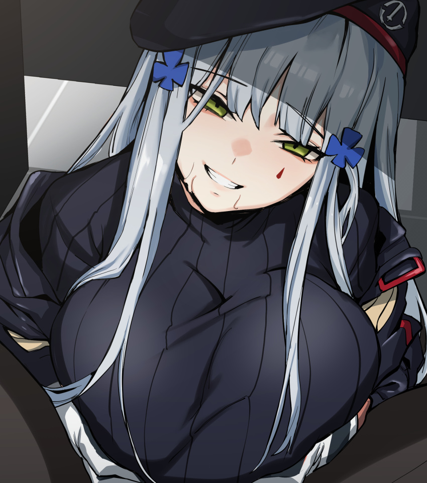 bangs banssee beret black_sweater breast_squeeze breasts female girls'_frontline gloves green_eyes hair_ornament hat highres hk416_(girls'_frontline) huge_breasts long_hair looking_at_viewer paizuri_invitation pov ribbed_sweater silver_hair smile solo_focus sweater teeth