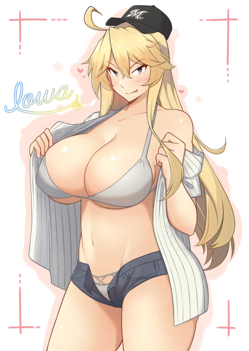 absurdres ahoge alternate_costume baseball_cap bikini bikini_under_clothes black_headwear blonde_hair blue_eyes blue_shorts breasts female hat highres huge_breasts iowa_(kantai_collection) kantai_collection long_hair micro_shorts navel open_clothes open_shirt osora_(judithandlilith) shirt short_sleeves shorts solo star-shaped_pupils star_(symbol) swimsuit symbol-shaped_pupils white_bikini white_shirt